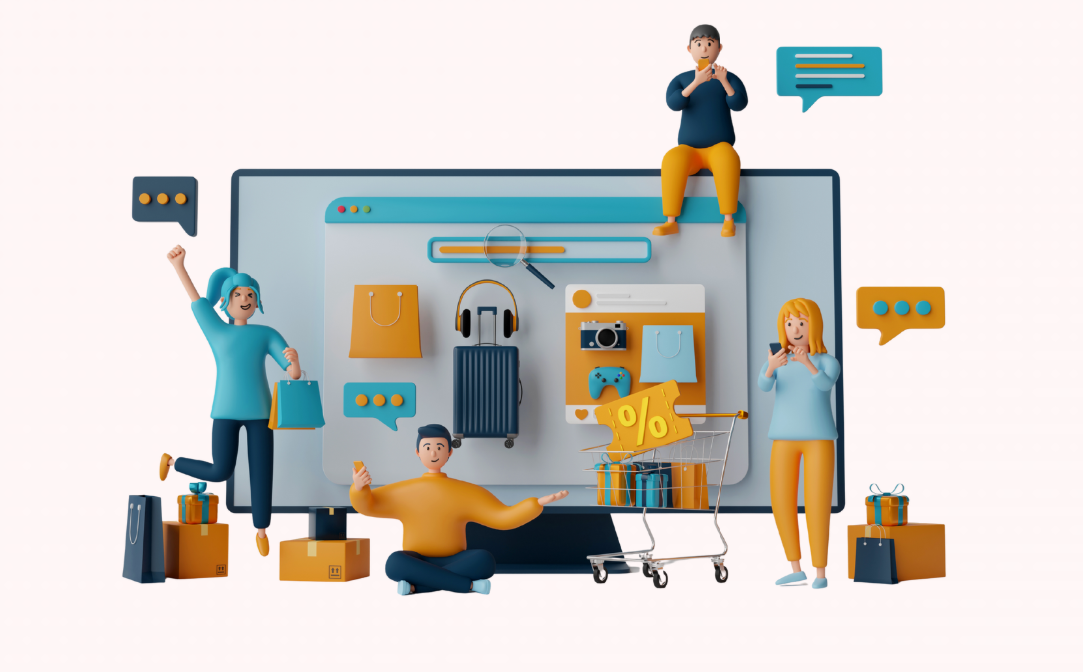 Ilustrasi orang sedang berbelanja online dengan smartphone dan ikon cashback mengambang di sekitar
